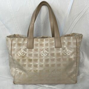 Chanel Travel Line CC Tote Bag Canvas Windowpane Shopper Beige Cream